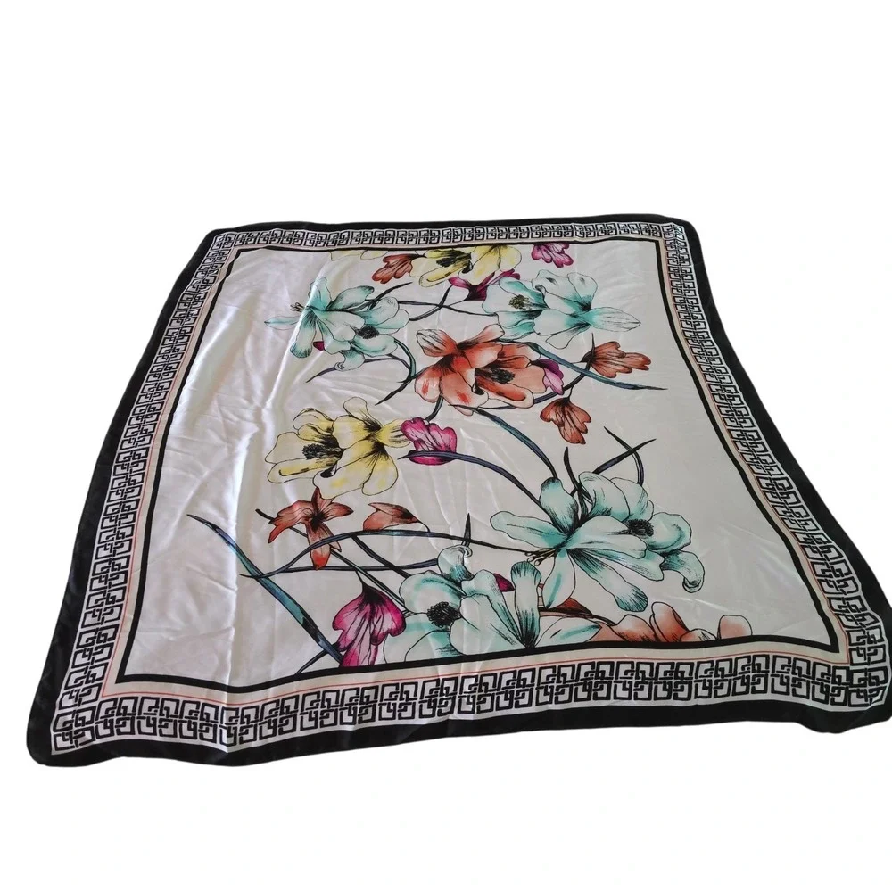 Chicos Floral Square Scarf Greek Key Border 42